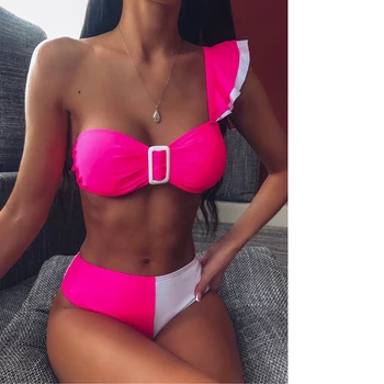 

One Shoulder Ruffle Sexy Bikinis Set Biquini Women Sexy Buckle Swimwear Patchwork Thong Swimsuit Swim Bathing Suit