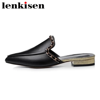 

Lenkisen limited customization vintage genuine leather pointed toe low heel slip on mules metal decorations deep mouth pumps L02