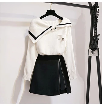 

2020 Spring Winter Set Women Long Sleeve Turn-down Collar Knitted Sweater + A-Line Mini Skirts Suit Women Korean Two Piece Set