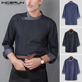 

INCERUN Unisex Chef Uniform Patchwork 3/4 Sleeve Food Service Restaurant Kitchen Chef Jackets Cook Shirt Men Work Clothes S-5XL