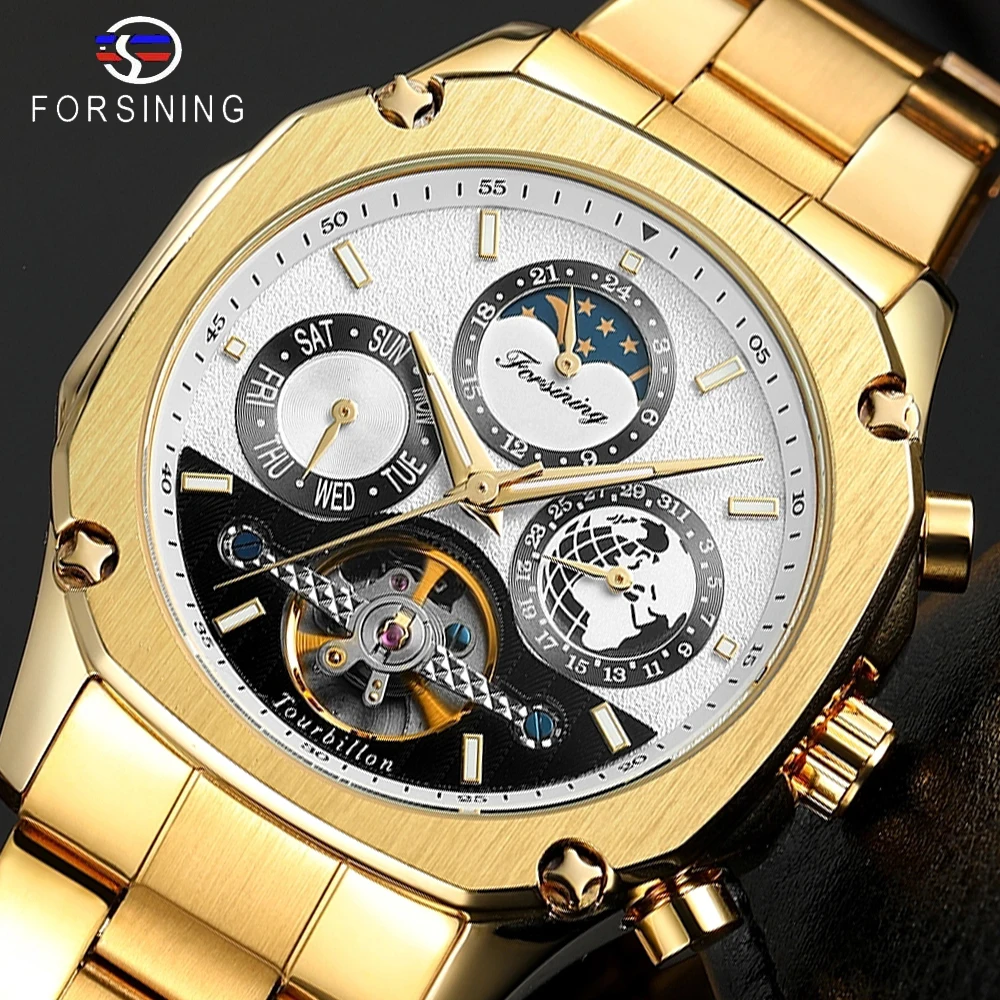 

Forsining Tourbillon Moon Phase Mechanical Watch Mens Steampunk Luxury Gear Self Winding Golden Steel Automatic Clock Wristwatch