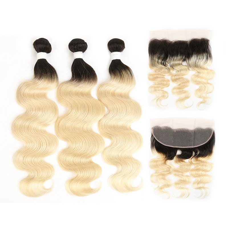 1B 613 Dark Root Blonde Ombre Brazilian Remy Boday Wave Hair 3/4 Bundle with 4x4 Lace Frontal Closure Free Middle Part KEMY | Шиньоны и