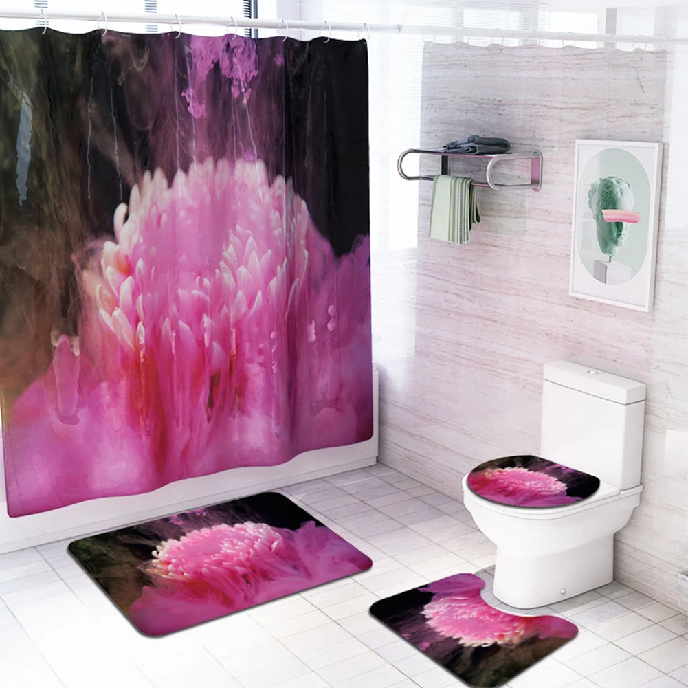 

4pcs 12 Hooks Anti Slip Flower Series Printing Shower Curtain Decoration Polyester Home Floor Washable Bathroom Mat Set Hotel