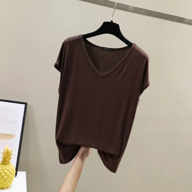 Solid V Neck Basic Tshirt Women summer modal Loose Tee Tops Casual undershirt M to 2XL235_voghion.com