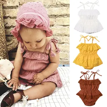 

0-18M Cute Newborn Baby Girl Sleeveless Strap Solid Color Lace Bodysuit Jumpsuit Playsuit Outfits Summer Clothes
