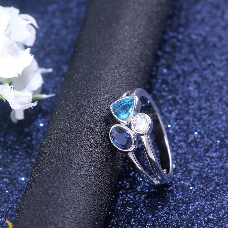 Уникальный стиль женские круглые овальные треугольное кольцо женский Кристалл синий цирконовый камень кольцо модное обещание на помолвку кольца для женщин