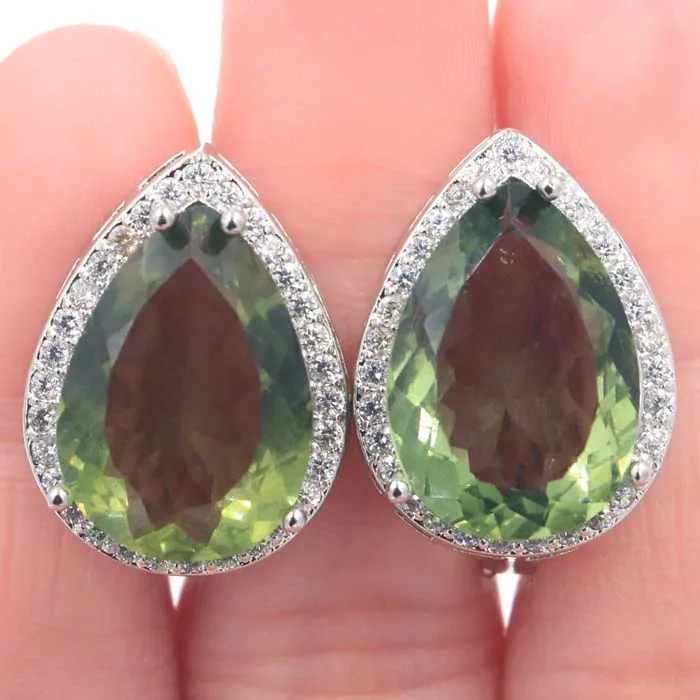 

22x16mm Hot Sell Big Drop Shape Gemstone Green Amethyst CZ Woman's Gift Silver Earrings