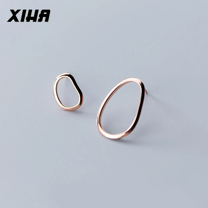 

XIHA 925 Sterling Silver Small Stud Earring Hollow Oval Irregular Silver Earrings Kids Ladies Rose Gold Color Fashion Jewelry