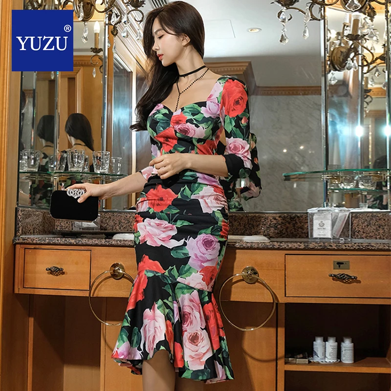 

Sexy Floral Printed Mermaid Dress Women Fashion Tube V Neck Draped Romantic Flowers Three-quarter Sleeve 2020 Spring Dresses