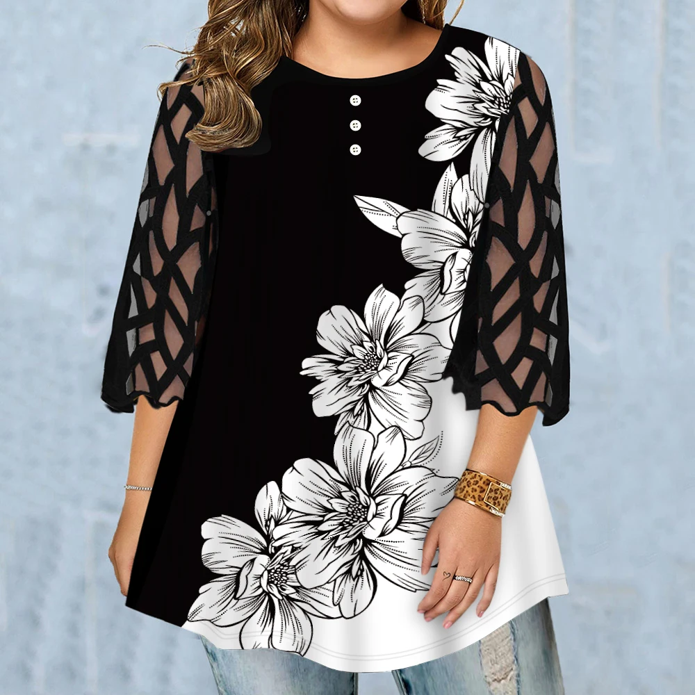 Plus Size Black White Women Tshirt Tee Button hirt Ladies Tops T-Shirt Flower Printed Summer Female T Shirt D30 | Женская одежда