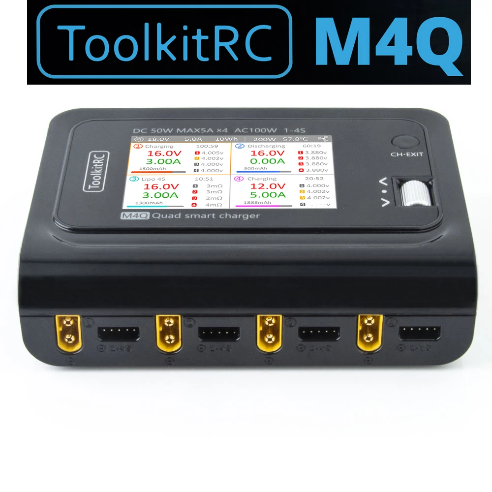 ToolkitRC M4Q Smart Charger 4x50w 5A 1-4S AC 100W 4 Ports XT60 XT30 DC 32 Bit ARM IPS Bright Clear Wide Angle Display | Игрушки и хобби