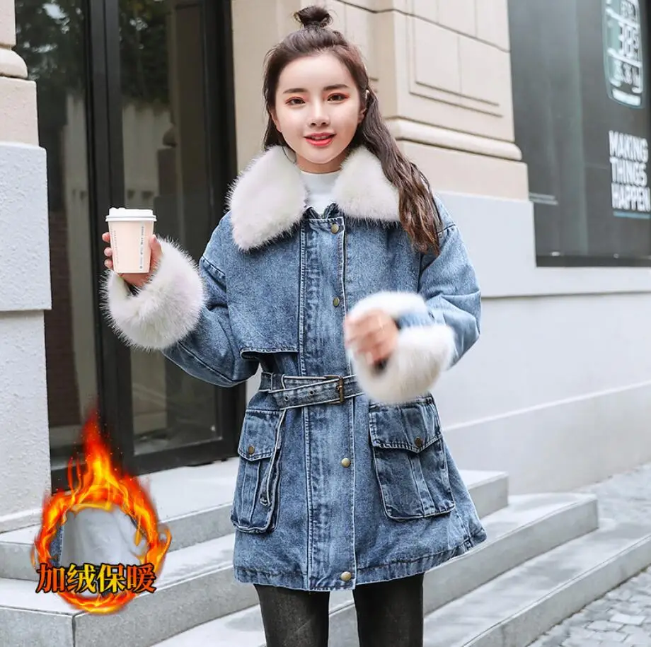 

Winter Fox Fur Collar Denim Jacket Women Parkas Medium Long Warm plus velvet thick Denim Coats Female Outerwear with belt r2217