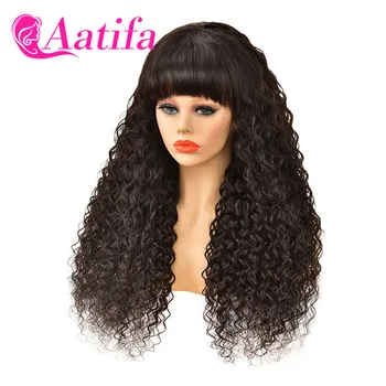 

Wigs With Bangs Full Machine Made Peruvian Water Wave Human Hair Natural Wave 180 Density Pre Plucked Aatifa Remy Hair Wig