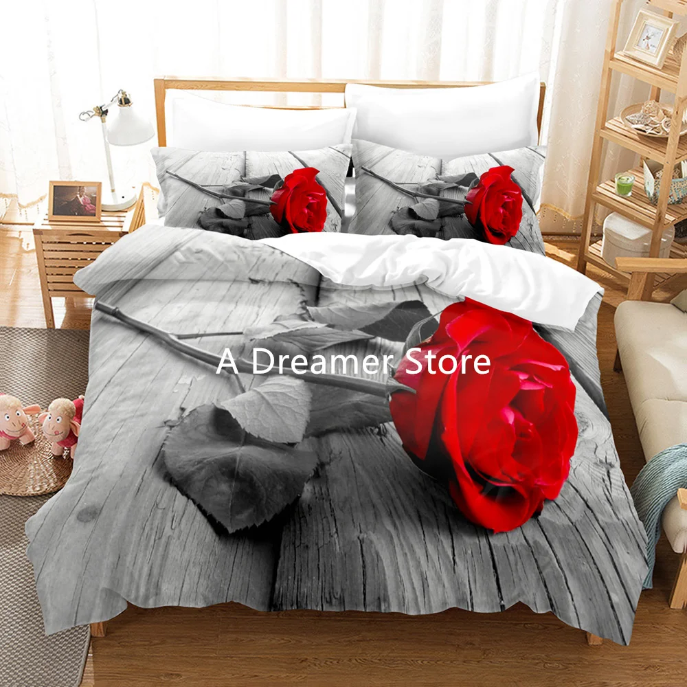 Nordic Style Red Rose Flowers Duvet Cover Sets Luxury Comforter Bedding Clothes Pillow Shams Double European Bedclothe 