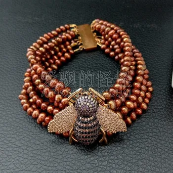 

B091221 8'' 4MM 7 Rows Brown Pearl CZ Beetle Bracelet