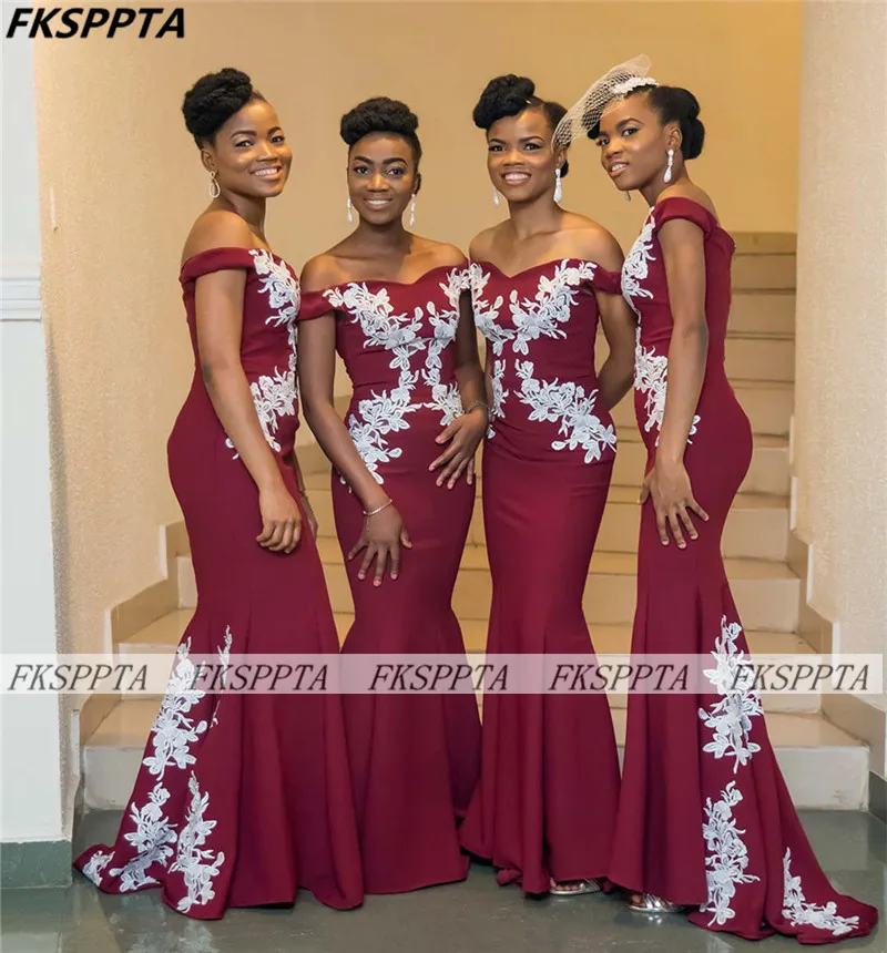 Off The Shoulder Red Mermaid Bridesmaids Dresses Corset White Lace African Maids Of Honor Gowns Plus Size