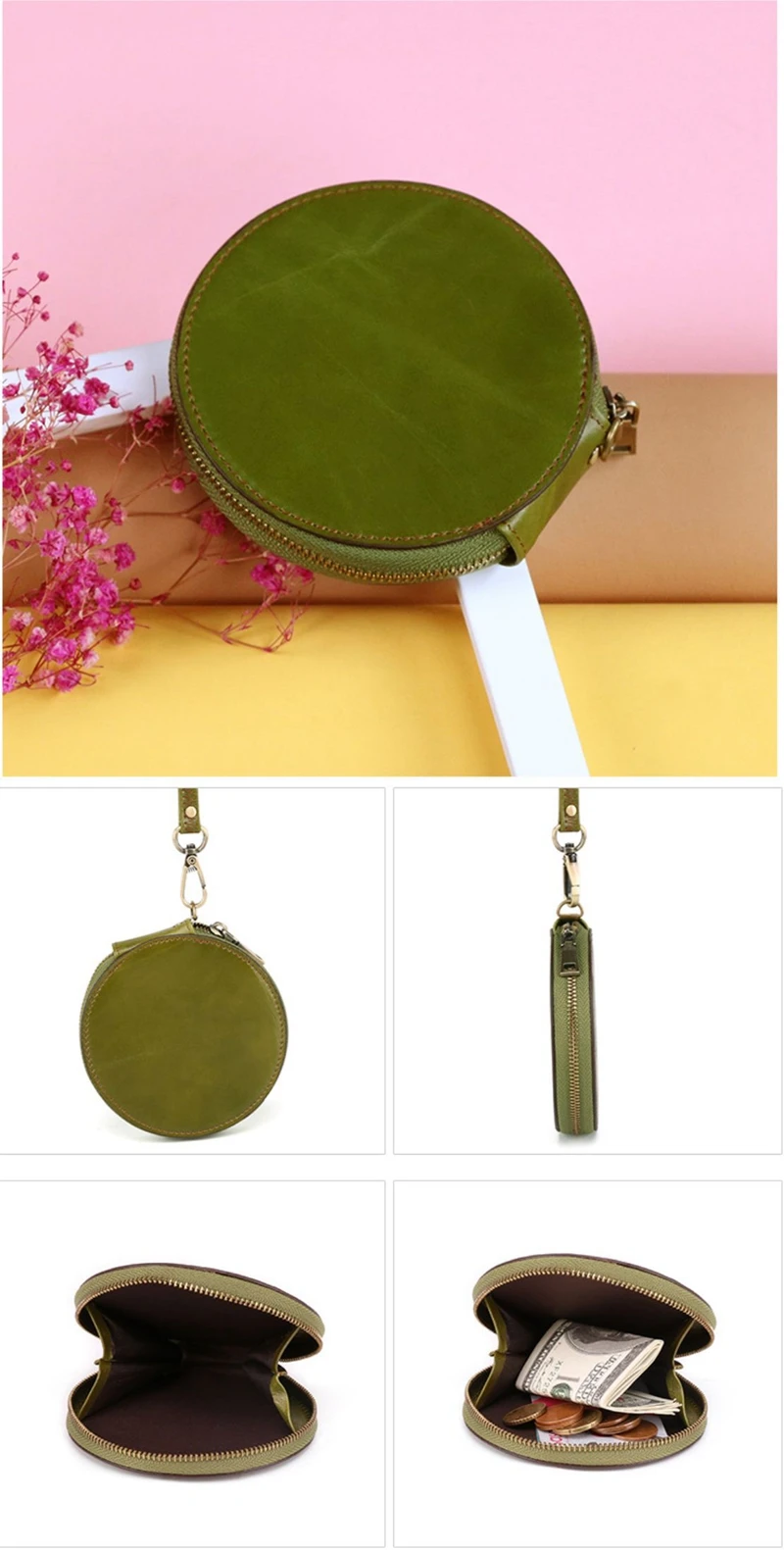 Genuine Leather Coin Purse Bag For Women Girl Short Zipper Round Small Money Pocket Bags Card Holder Wallet With Wraist Strap