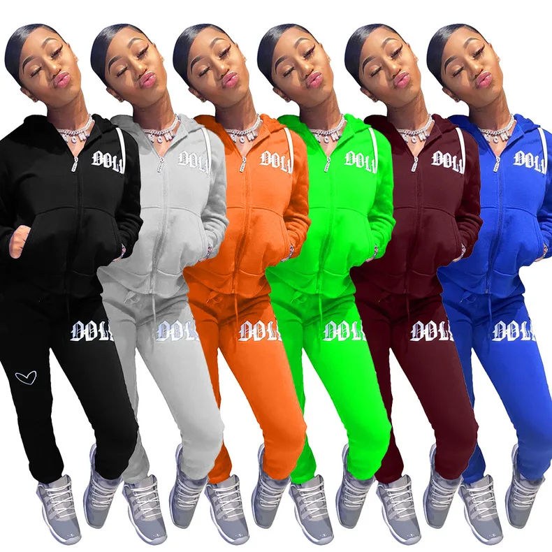 

Casual Letter Print Hooded Sweater Zipper Coat + Pants Long Trousers Streetwear Tracksuit Jogging Suit Outfit Autumn Winter