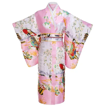 

Full Sleeve Traditional Women Japanese Kimono Bathrobe Gown Print Performace Clothing Satin Evening Party Prom Dress Gown