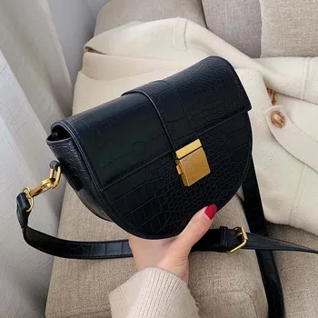 

women chain solid color Stone Pattern soft PU Leather Saddle Bag High quality designer crossbody bag Small Handbag and purse