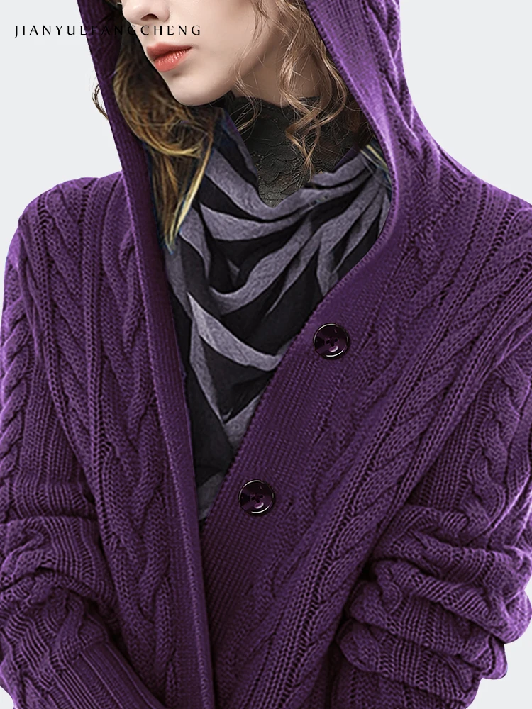 Fashion Women' Hooded Purple Knitted Cardigan Sweater For Fall