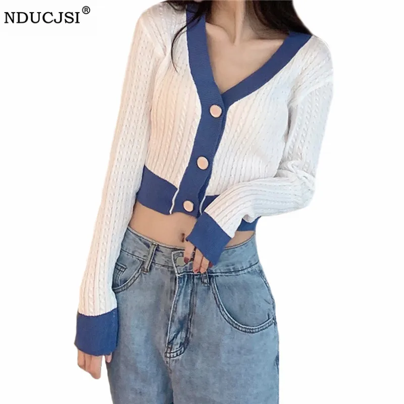 

NDUCJSI Deep V Neck Patchwork Cropped Cardigan Short Sweaters Women Buttons Knitted Female Spring Autumn White Loose Tops