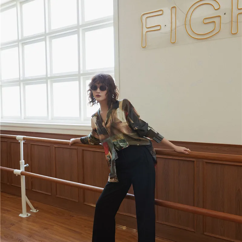 CHEERART Oil Painting Designer Top Long Sleeve Blouse Button Up Collar Vintage Shirt Fall Fashion Women Tops Clothing