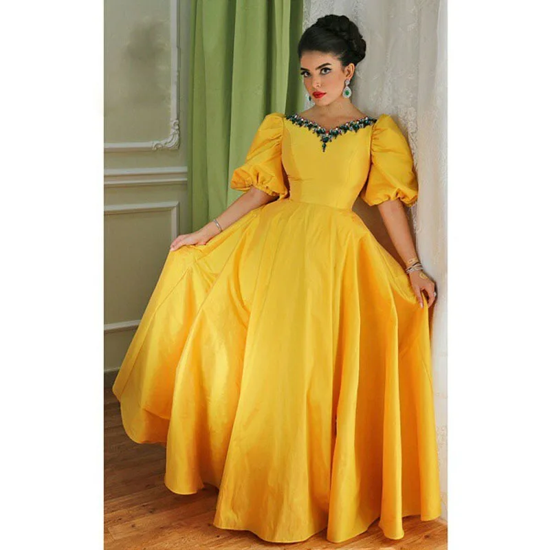 

vestido de festa 2020 Arabian Design Yellow V Neck Beaded Half Sleeve evening Gown Floor Length Prom Mother of the Bride Dresses