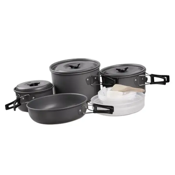 14 Pieces Outdoor Camping Hard Alumina Cookware Mess Kit  Utensils PP Dishes Bowls Spoon for 5 Person