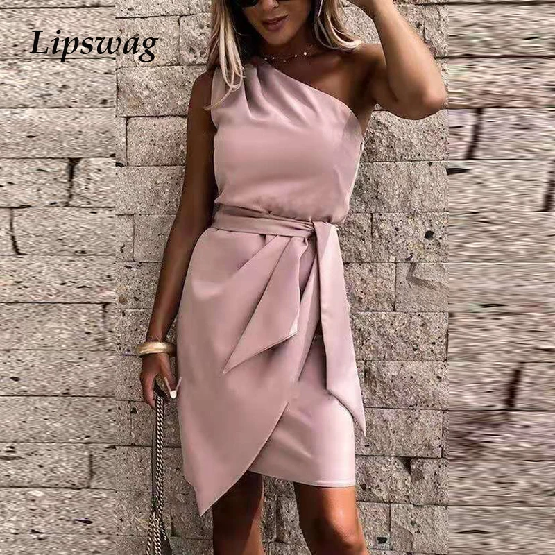2021 primavera elegante de um ombro mini vestido feminino vintage arco sólido irregular vestido de festa escritório senhoras casual vestido sem mangas