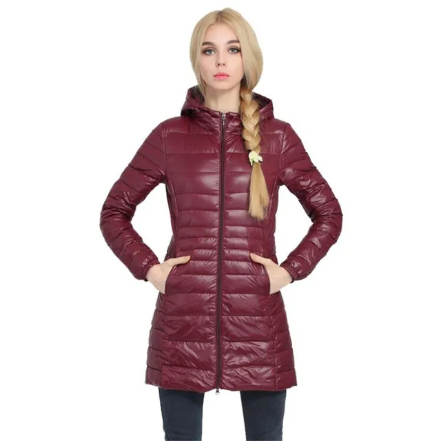 Женский пуховик, зимняя белая куртка на утином пуху, Женская длинная легкая теплая Повседневная тонкая куртка, сверхлегкие пальто с капюшоном, 5XL 6XL 7XL - Цвет: Burgundy