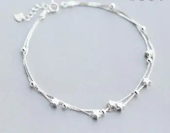 

925 1pc Sterling silver jewelry 2layers multi-Rows lUCKY Beads & Star Anklet bracelet Long LS275
