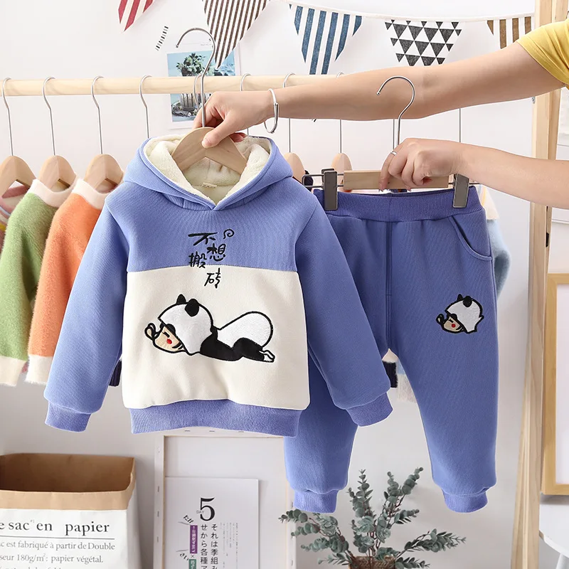 

CHILDREN'S Suit 2019 Fall And Winter Clothes New Style Children Baby plus Velvet BOY'S Hooded Thick Hoodie Two-Piece Set