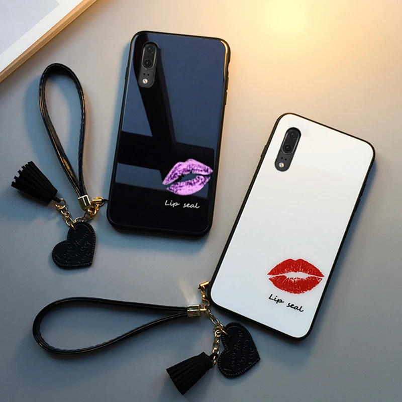 

Strap & Case For Huawei P40 Pro P30 P20 Lite 2019 fashion Lip print Hard Glass back silicone edge Cover For Huawei P40 p30 Lite