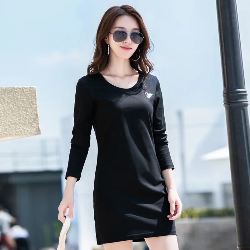Black O-Neck JINGRUI 80 мерсеризованная хлопковая футболка женская с длинными рукавами средней и длинной секцией лебедь Вышивка Дикий хлопок пальто - Цвет: Black O-Neck