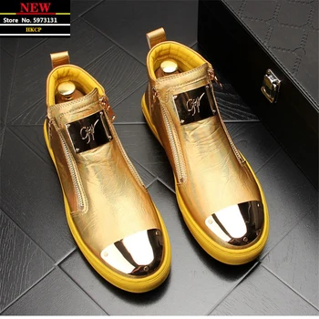 Zapatillas de cuero dorado para Hombre, zapatos informales Punk, Hip Hop, botines planos con cremallera 1
