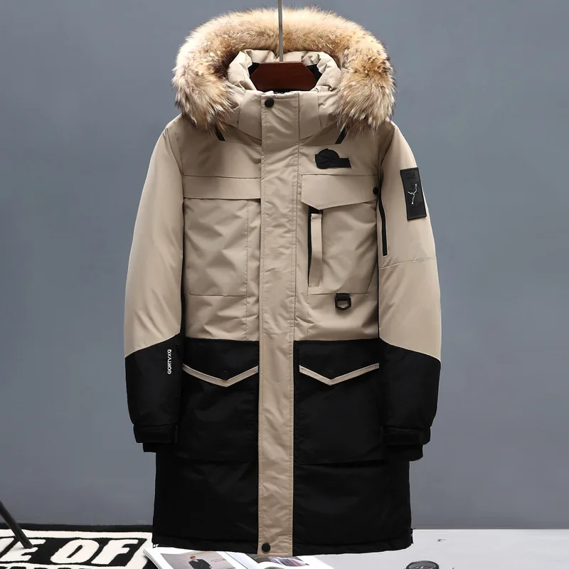 

Nice Winter Pop Men Knee Long Down Jacket Fashion Thicken Warm White Duck Down Fur Collar Hooded Parka Coat Male Brand Clothes
