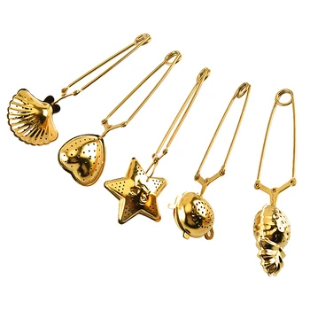 

5pcs Golden Stainless Steel Tea Filter Tea Infuser Tea Leaker Tea Strainer with Clamp for Tea Drinking Home