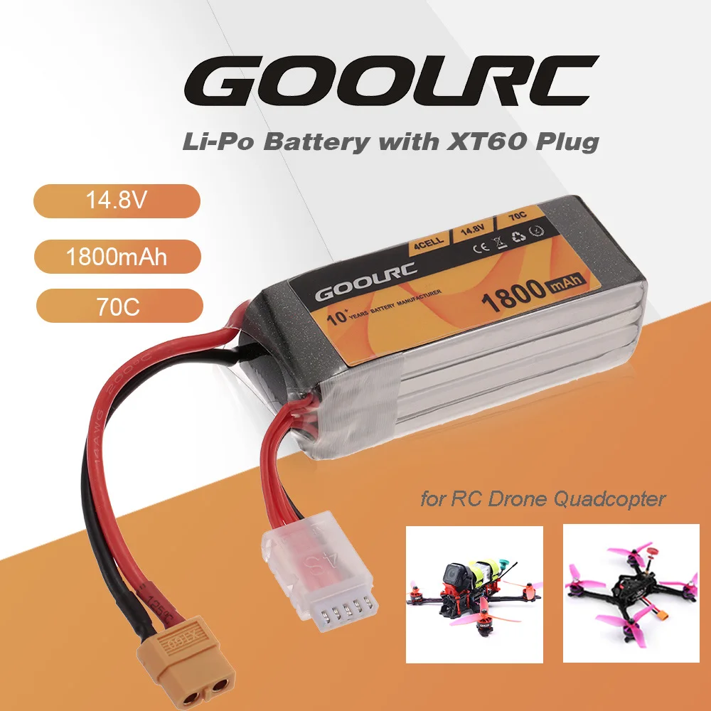 

GoolRC 4S 14.8V 1800mAh 70C XT60 Lipo Battery for Emax Nighthawk 250 FPV Racing Drone RC Car Boat Helicopter