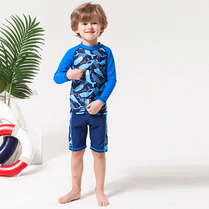

Europe And America Two-piece Swimsuits Boy Middle And Large Small CHILDREN'S Long Sleeve Sun-resistant Shorts Students South Kor