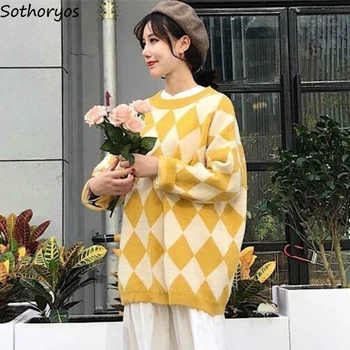 

Sweaters Pullovers Women Autumn Knitted Argyle O-neck Loose Korean Style Trendy Simple Outwear All-match Elegant Womens Jumper