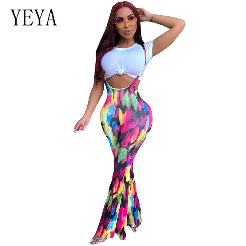 

YEYA Women's T-shirt Sling Printed Pants Two Pieces Sets Jumpsuits Summer Hollow Out Retro Tie Dyeing Long Rompers Plus Size XXL