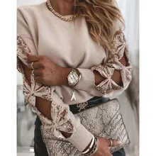 

Women's Clothes Autumn New Casual Fashion Sequin Stitching Knit Sweater Top Round Neck Hollow Knotted Long-sleeved Sweater Top