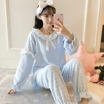 

Coral Fleece Warm Sleepwear 2PCS Pajamas Suit Soft Women Nightwear 2020 Autumn Winter New Intimate Lingerie Flannel Home Clothes