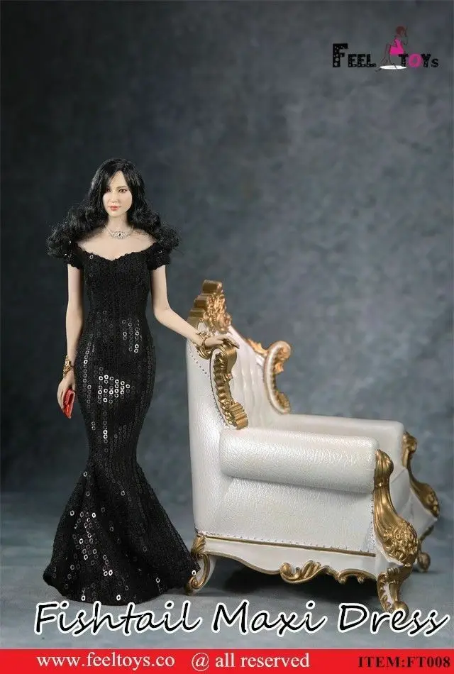 1/6 Feeltoys FT008 Black Fishtail Evening Maxi Dress w/ Handbag F 12"Female Doll 