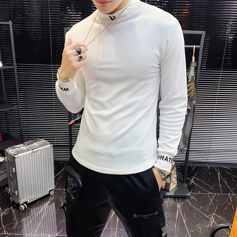

UYUK 2019 Autumn Korean Version Of Harajuku Style New Slim Solid Color Half-high Collar Letter Embroidery Men's Long-sleeved