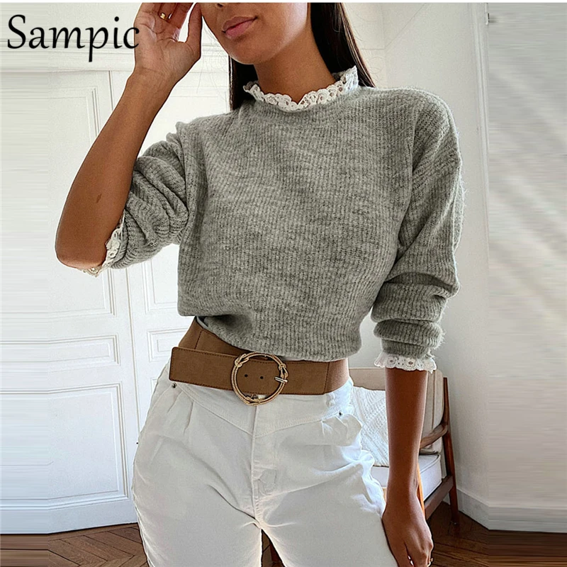Sampic Fashion 2020 Winter Outwear Turtleneck Patchwork Lace Long Sleeve T Shirt Tops Women Sexy Casual Basic Tees Autumn | Женская