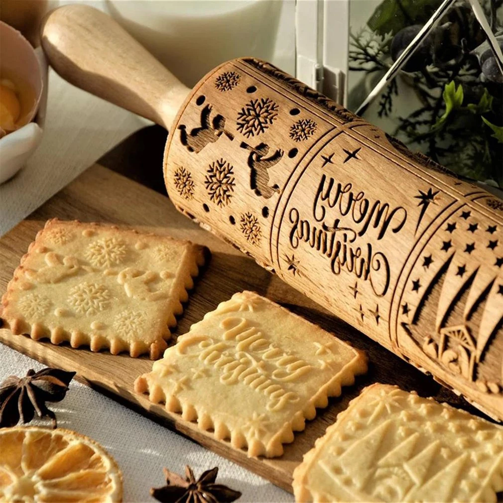 New Christmas Elk Wooden Embossing Engraved Rolling Pin Baking Cookies Xmas New Christmas Elk Wooden Embossing Engraved Rolling Pin Baking Cookies Xmas