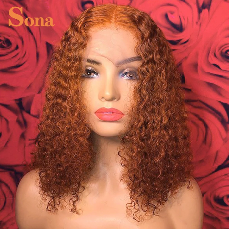 Peruca de Cabelo Frontal do Laço Gengibre Laranja Humano Arrancadas Perucas Onda Profunda Remy Colorido Curto Bob Frente Laço Encaracolado Pré 5 Apliques e perucas