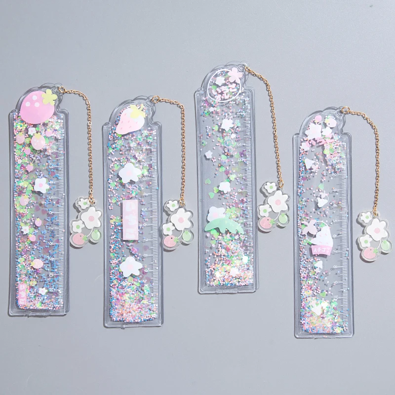 

Kawaii Quicksand Sequin Glitter Ruler Cute Sakura/Rabbit/Strawberry Ruler Pendant Bookmark Kids Girls Gifts School Stationery